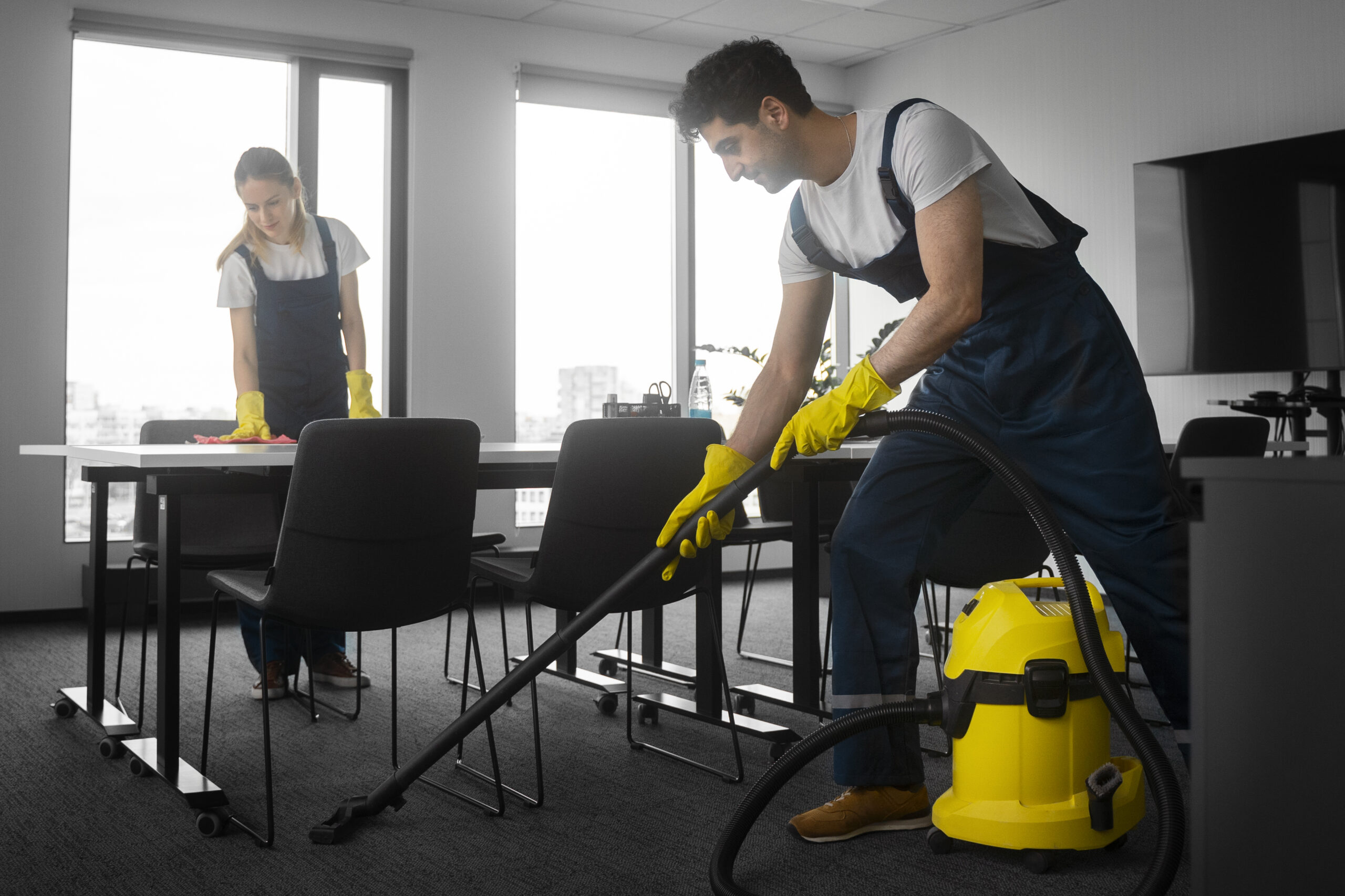 Two cleaners vacuuming and wiping surfaces in a modern office space.