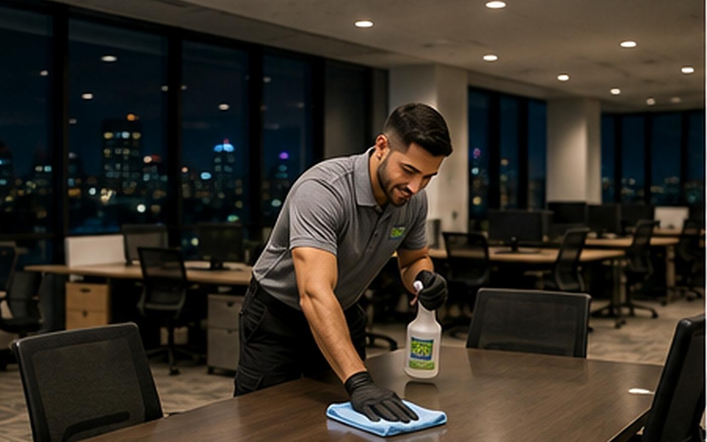 Cleaning 365 technician wiping a boardroom table in a Toronto office after hours